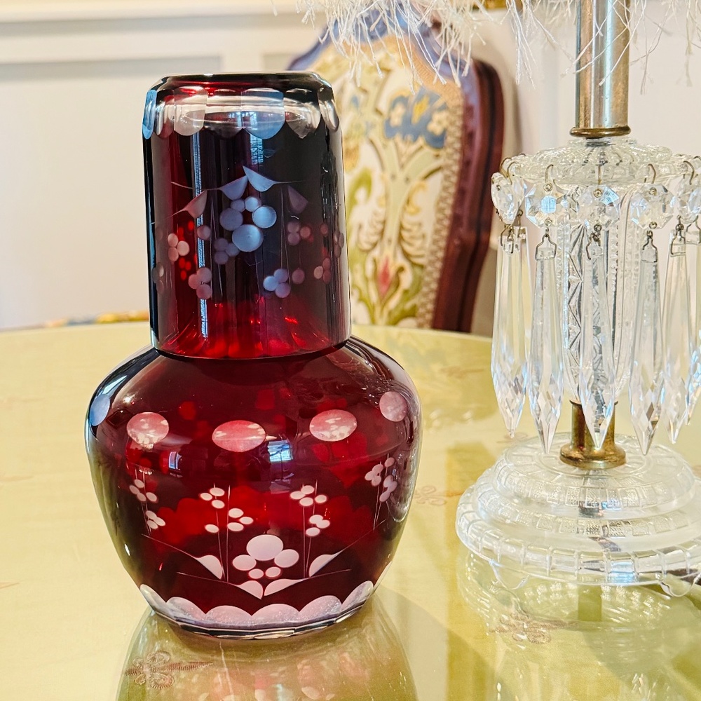 VTG Bohemian Czech Ruby Red Cut To Clear Art Glass Bedside Water Carafe Cup Set